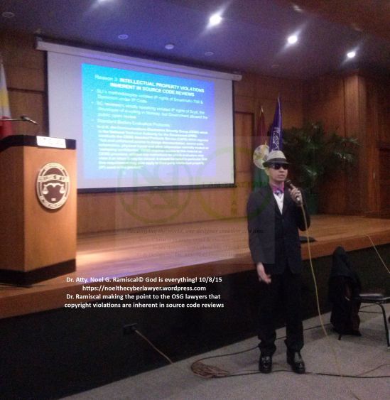 Dr. Atty. Noel G. Ramiscal making the point for the OSG lawyers that Copyright violations are inherent in legitimate source code reviews, Oct. 8, 2015
